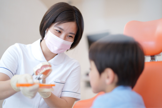 模型を使って歯磨きを教えるスタッフ